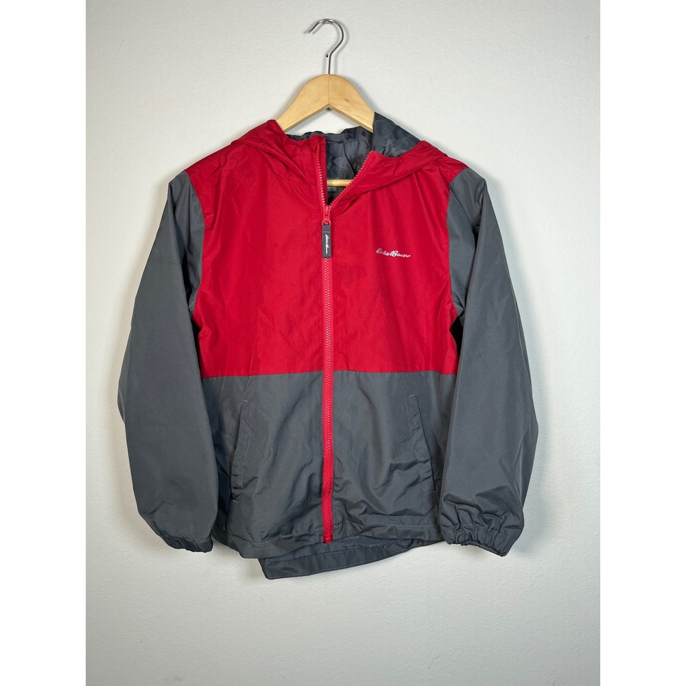 Eddie Bauer Kids Red Grey Colorblock Hooded Windbreaker Jacket Size M 10/12